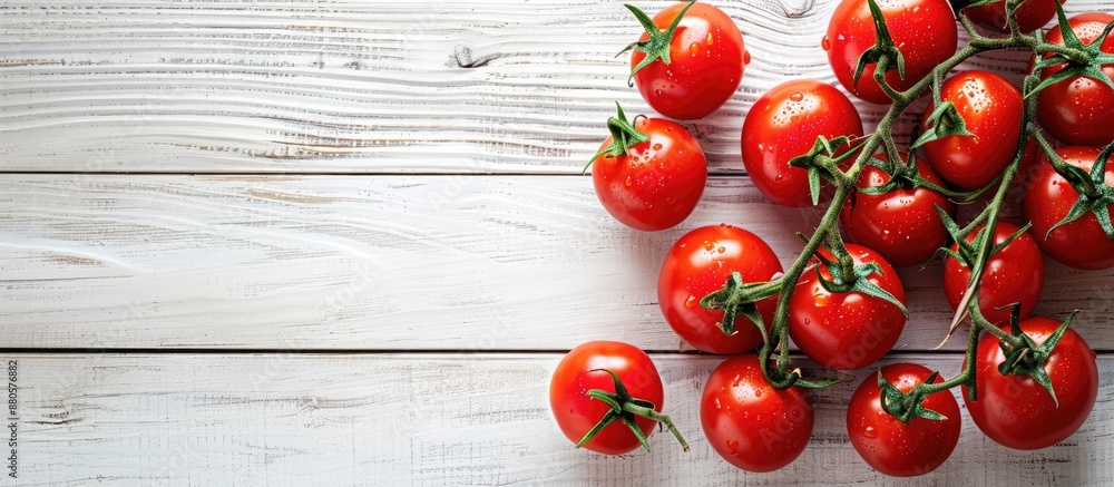 Poster white wooden background with vibrant red fresh tomatoes creating a beautiful copy space image