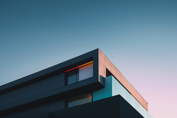 Modern building facade at dusk with vibrant lighting. Generative AI image