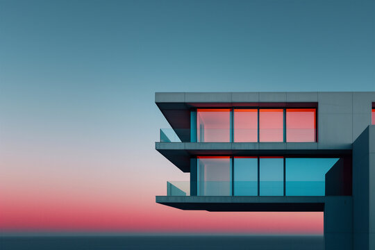 Modern building against sunset sky. Generative AI image