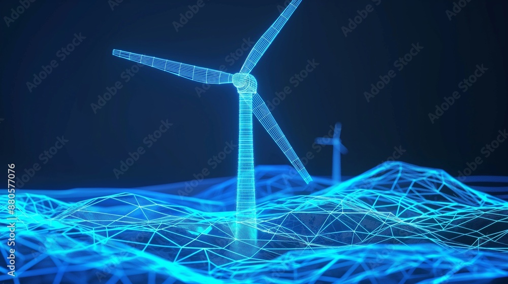 Aufkleber a wireframe of wind turbines showcasing advanced design and performance analysis, highlighted in blu