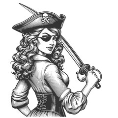 Obraz premium pirate woman wearing a hat with a skull, holding sword, and sporting an eye patch sketch engraving generative ai fictional character vector illustration. Scratch board imitation. Black and white image