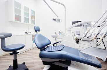 Dental equipment in dentist office in new modern stomatological clinic room. Background of dental...
