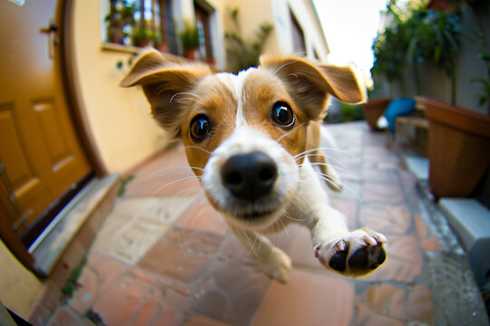 Engaging close-up of a playful dog jumping towards the camera. Generative AI image
