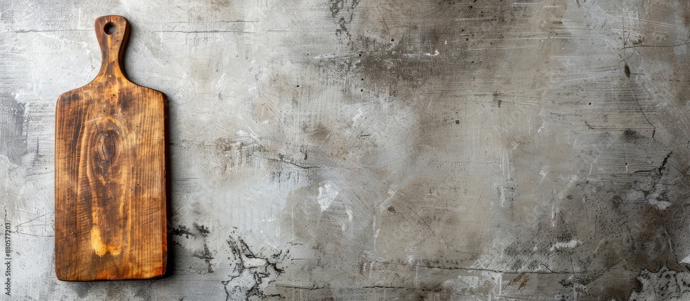 Aufkleber a weathered cutting board displayed against a neutral concrete backdrop with space available for tex