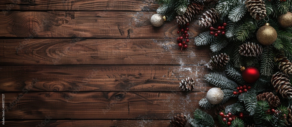 Fototapete Top view of a Christmas themed wooden background featuring a snow dusted fir tree and decorations creating space for your text within the image. copy space available