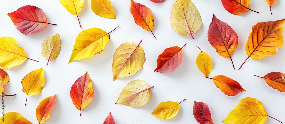 Poster Flat lay composition of yellow and red autumn leaves on a white background with copy space image Perfect for fall back to school themes