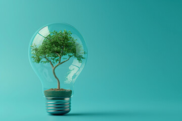 Tree growing inside a light bulb on turquoise background. Generative AI image