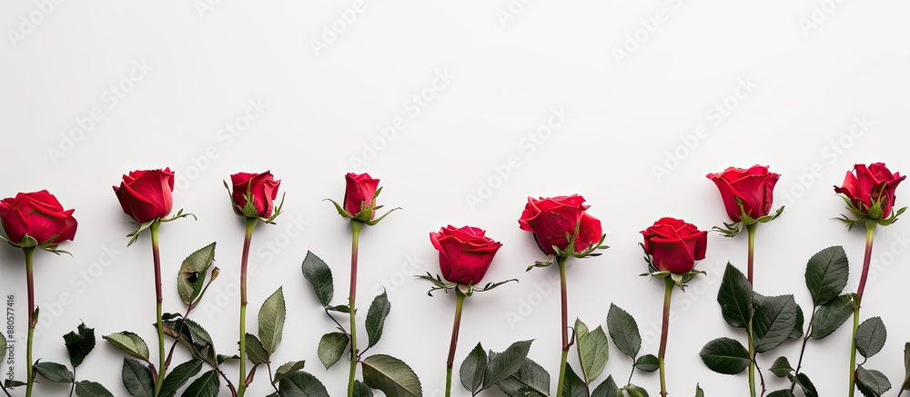 Poster red roses on a white background with room for text in the image. copy space available