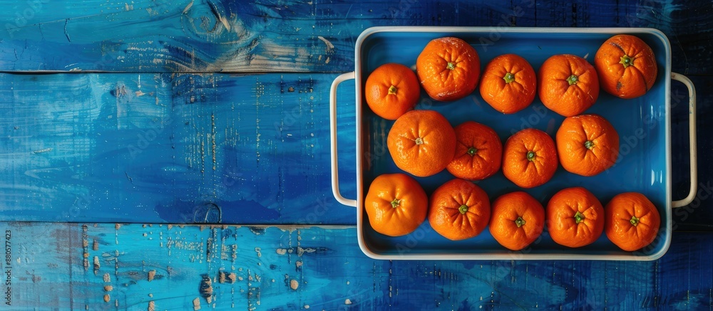 Aufkleber top down view of a tray full of ripe tangerines positioned on a blue wooden surface allowing for the