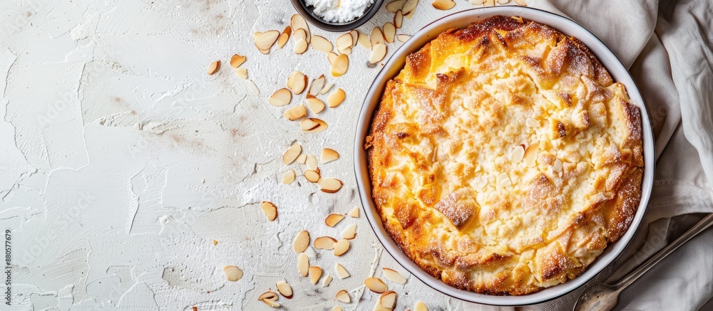 Poster Top view of a homemade cake topped with cottage cheese souffle and almond flakes set on a light rustic backdrop ideal for a copy space image