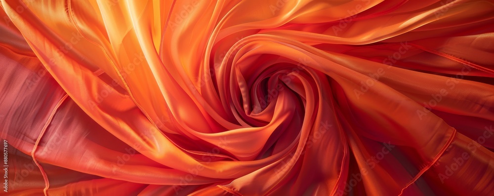 Poster Swirling red and orange fabric abstract background with space for text or design, fiery and flowing feel perfect for adding color to projects. Let colors and silk inspire creativity