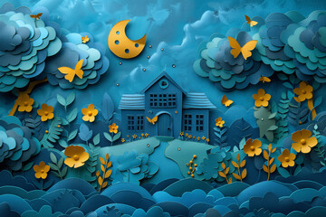 Enchanting paper art of a moonlit floral landscape with cottage. Generative AI image
