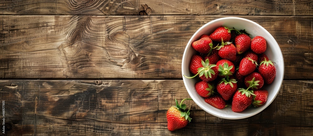 Poster a top view copy space image features fresh strawberries in a white bowl on a rustic wooden table