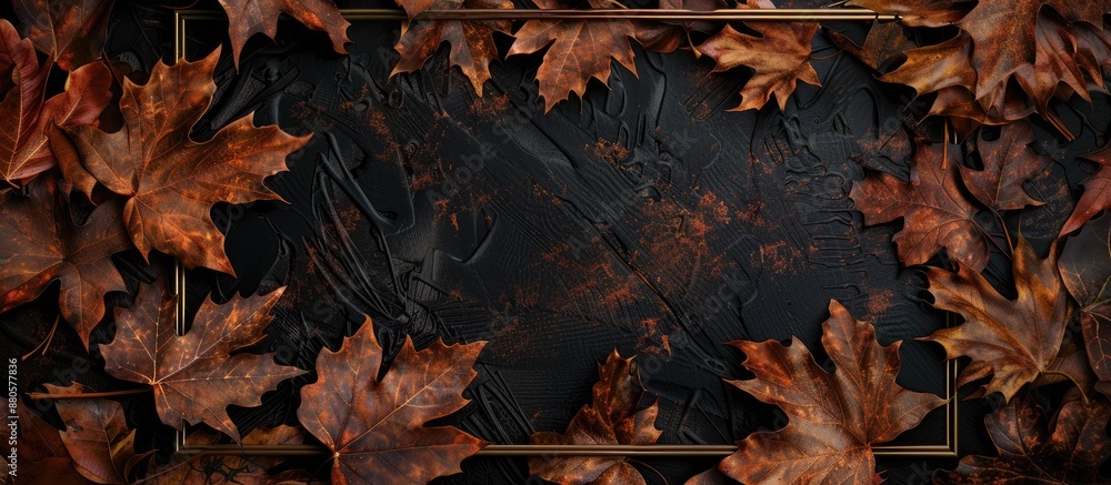 Poster low key autumn leaves with a vintage dark tone and a golden frame for a greeting card template set a