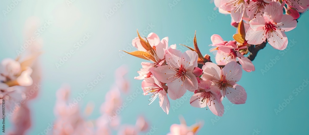 Canvas Prints Close up view of delicate pink almond tree flowers on branches against a vivid blue sky backdrop providing ample copy space in the image