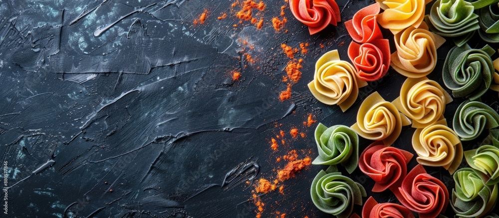 Poster Colorful pasta on a dark surface seen from above with space for adding text or other elements in the picture. copy space available