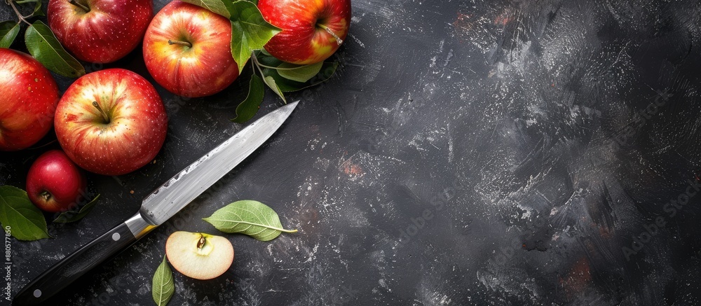 Poster ripe apples and a knife on a dark background with copy space image