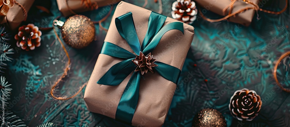 Poster Top down view of a wrapped holiday gift in craft paper with a colored ribbon placed on a table with decorative elements around it providing copy space in the image