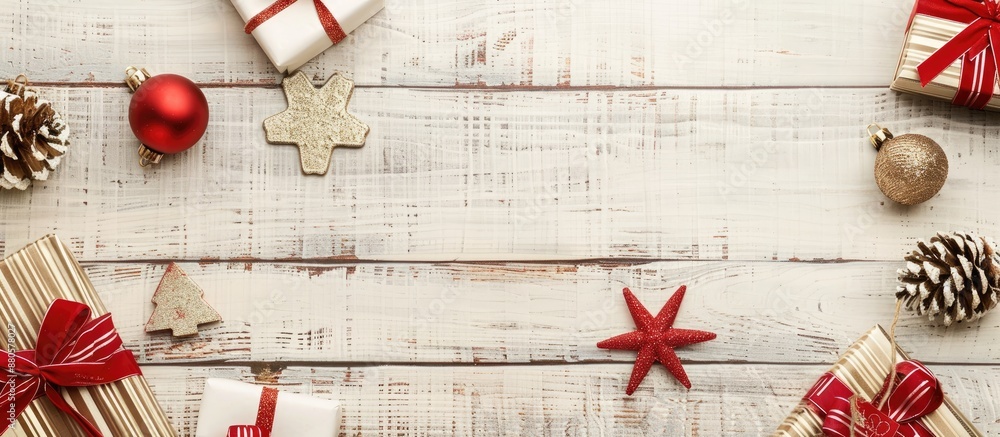 Poster old white wooden background with christmas gifts displayed featuring empty copy space image