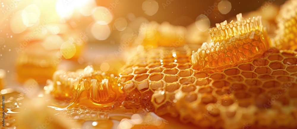 Poster Detailed close up image of honeycombs on a table with copy space