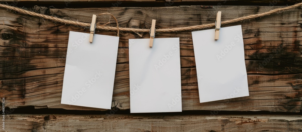 Poster white paper sign displayed on a rustic wooden background with clothespins attached to a clothesline 