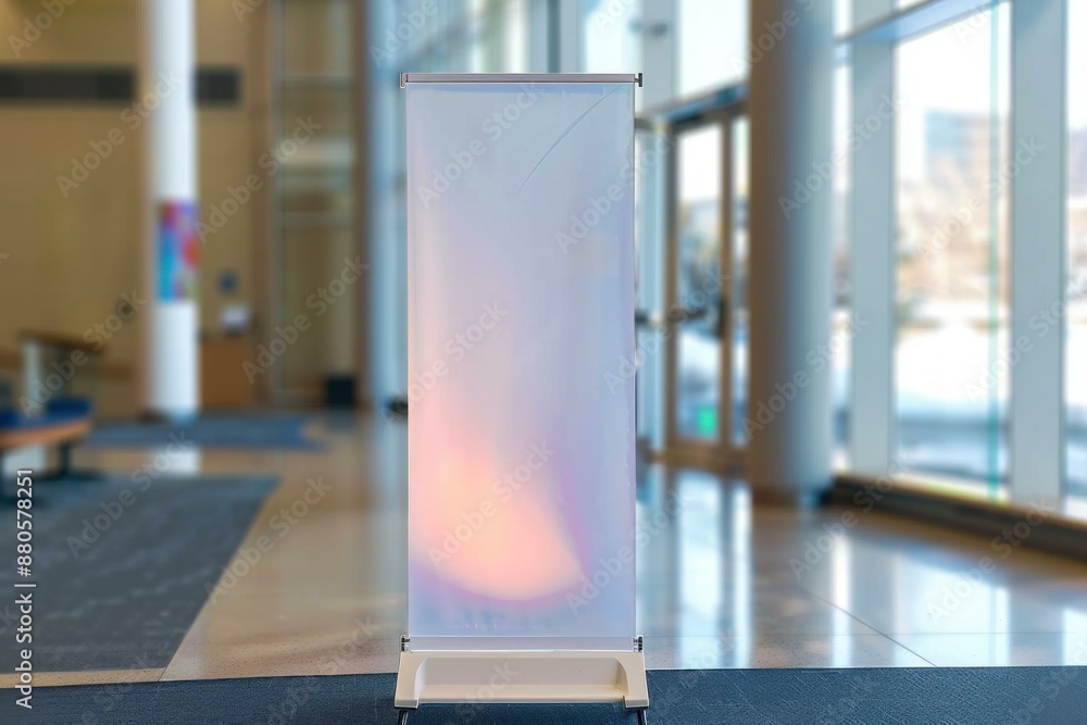 Poster blank roll up banner standing in an empty corporate lobby is waiting to display your message