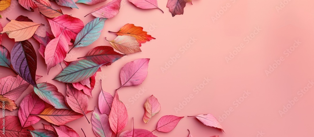 Poster variety of colorful autumn leaves on a soft pink backdrop with copy space image