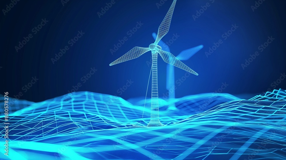 Aufkleber a wireframe of wind turbines showcasing advanced design and performance analysis, highlighted in blu