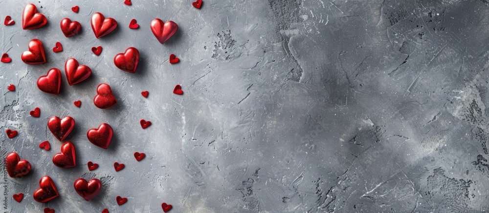 Poster Valentine s Day themed flat lay with small red hearts on a gray background featuring copy space image