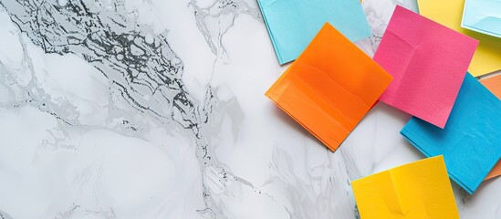 Colorful stickers with motivational messages placed on a marble table providing copy space image for showcasing business related concepts like plans strategies and projects