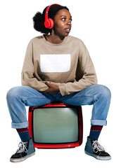 Black woman sitting on a retro television transparent png