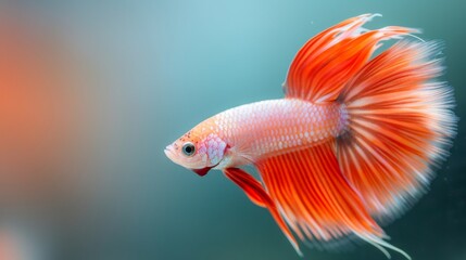 Vibrant close-up of a colorful Betta fish with flowing fins, showcasing its beautiful orange and white colors against a blurred background.