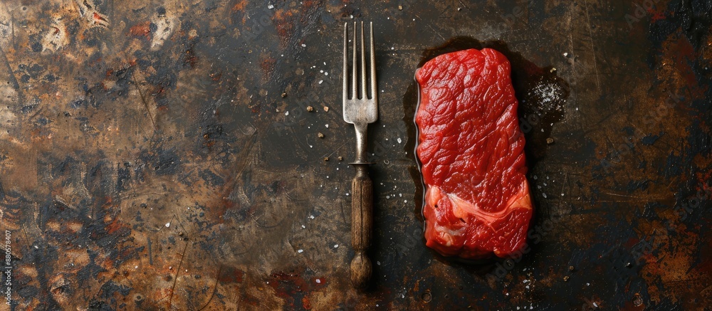 Poster Presentation of a raw steak on a fork atop a vintage table in a top view composition with available copy space image
