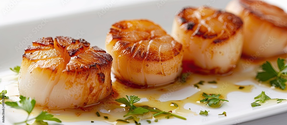 Poster Scrumptious fried scallops presented on a white plate with copy space image available