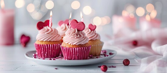 A birthday or Valentine s Day themed setup featuring tasty cupcakes topped with heart shaped candles placed on a white table with ample copy space The scene is captured in a horizontally oriented com