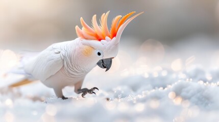 Vibrant Crested Cockatoo foraging in snowy landscape, showcasing bright orange plumage against a soft background.