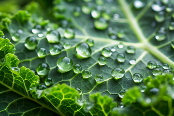 A leaf of green lettuce with droplets of water on it. The droplets are small and shiny, giving the leaf a fresh and vibrant appearance