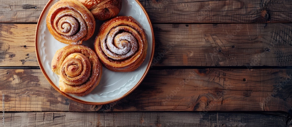 Poster a selection of freshly baked pastries like cinnamon rolls and croissants displayed on a ceramic plat