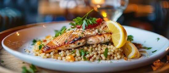 Dining out at a restaurant with a plate of fish lemon pearl couscous and copy space image included
