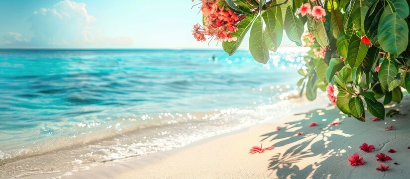 Summer beach backdrop showcasing blue crystal water white sand and ample copy space image for customization in holiday designs