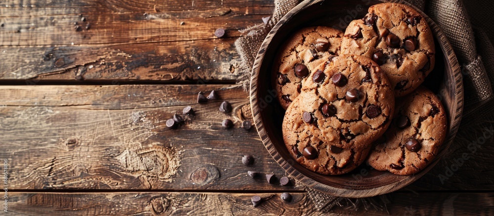 Poster A studio shot captures homemade chocolate chip cookies on a rustic wooden table with a vintage style enhancing the bright image featuring biscuits and a rustic background with copy space image