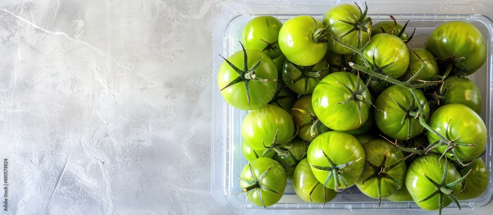 Aufkleber Top down view of a container filled with green unripened tomatoes on a plain background with copy space image