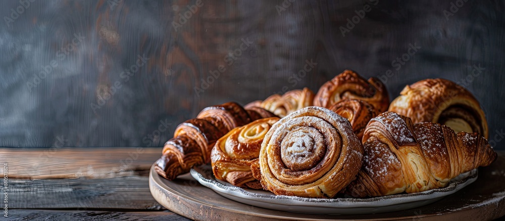 Poster a selection of freshly baked pastries like cinnamon rolls and croissants displayed on a ceramic plat
