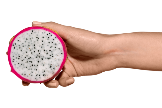Woman holding a sliced dragon fruit design resource