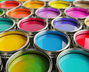 Fototapeta premium Open cans of colorful paint lined up side by side.