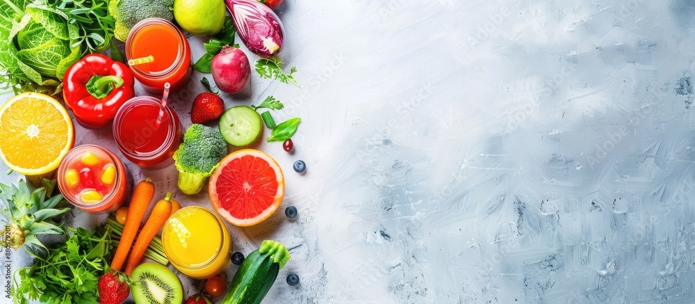 Aufkleber top down view of fresh smoothies and juices made with a variety of fruits and vegetables against a b
