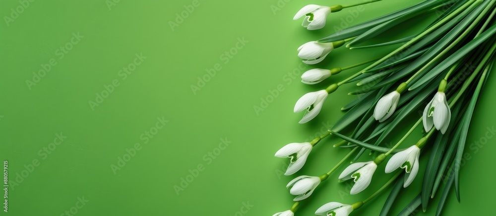 Aufkleber spring snowdrop flowers on a vibrant green background with copy space image