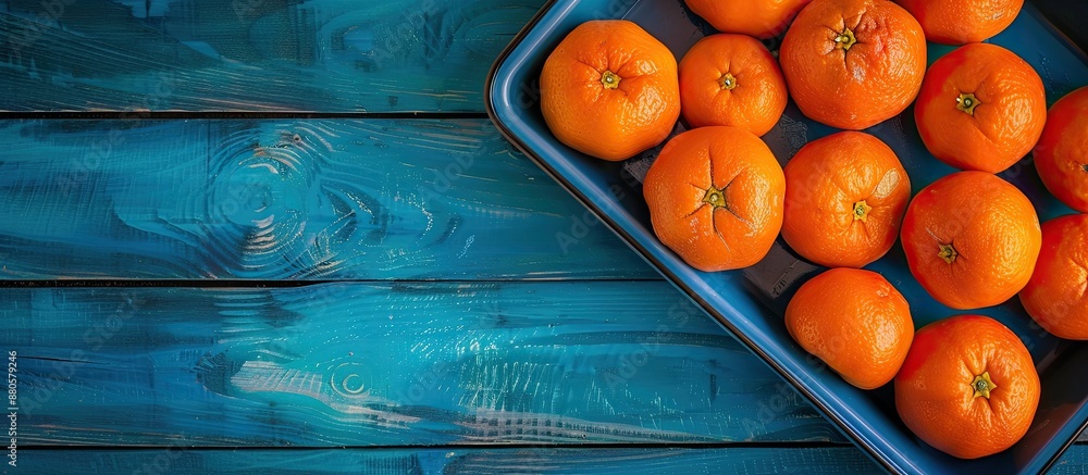 Poster top down view of a tray full of ripe tangerines positioned on a blue wooden surface allowing for the