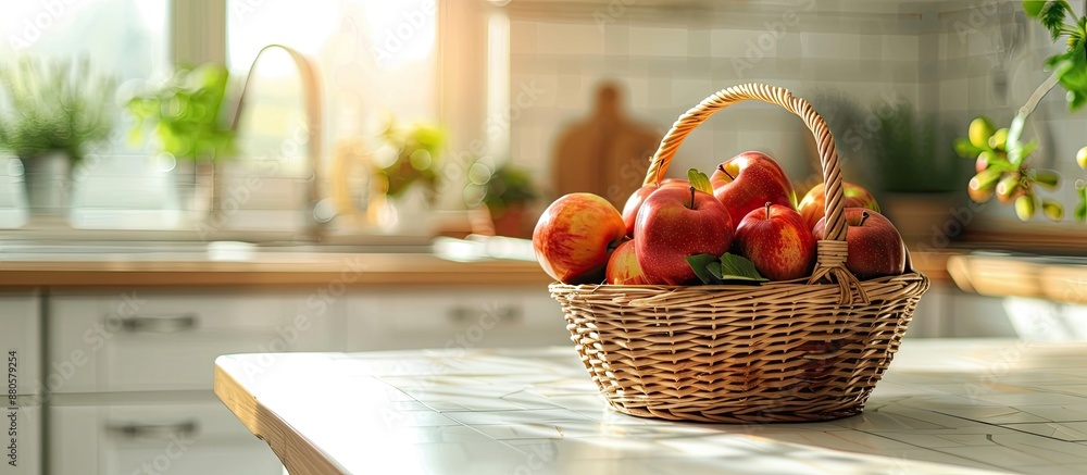 Aufkleber interior of kitchen with a basket of fresh apples and fruits with a blank area for other content in 