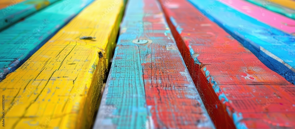 Poster fragmented colorful paint covered pine wood boards create a background composition with a shallow de